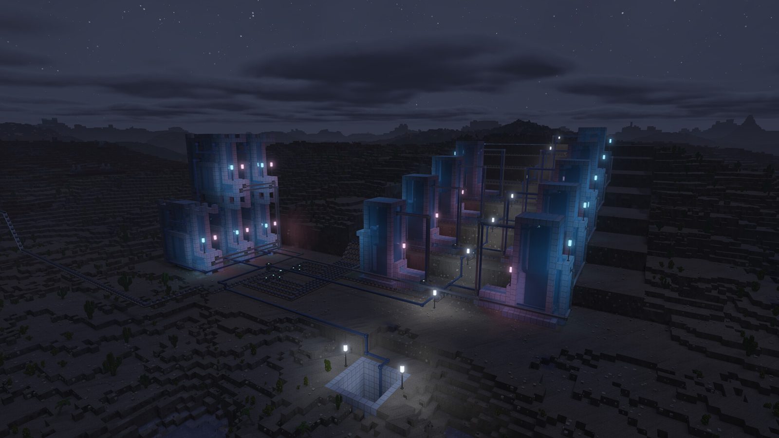 Night-time voxel factory with deep blue pipes and glowing blue strip lights