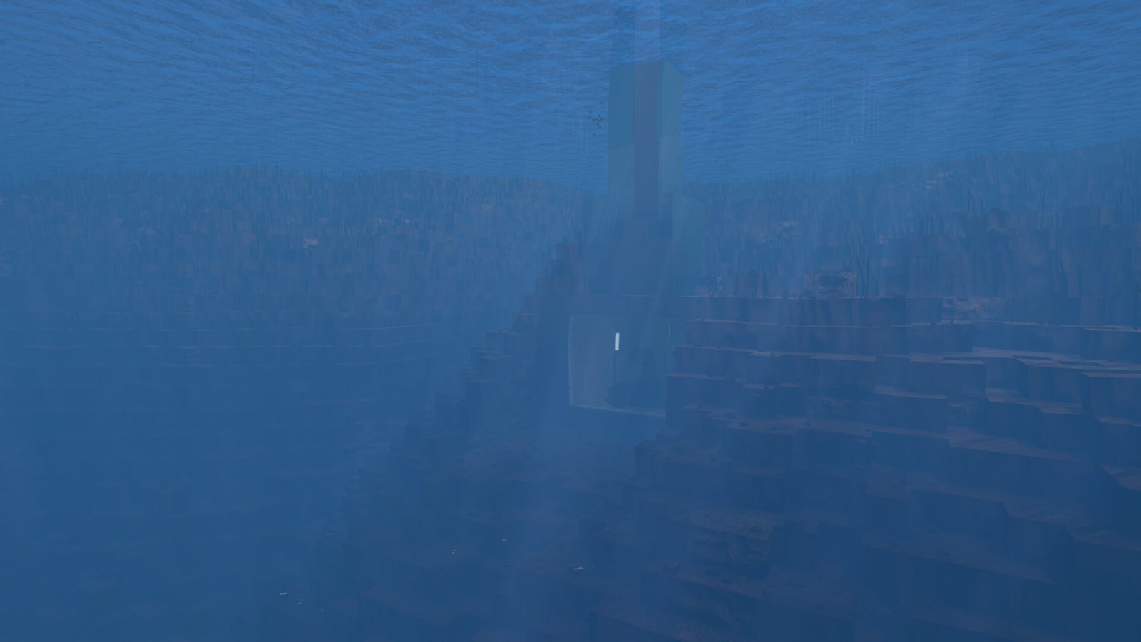 A blue-lit voxel tower complex linked across the water — the kind of multi-machine layout the Production Planner is meant to size
